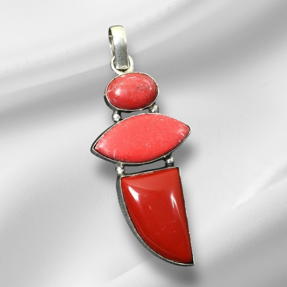 Artisan Handcrafted RED CORAL Three-Stone Silver Pendant 4330